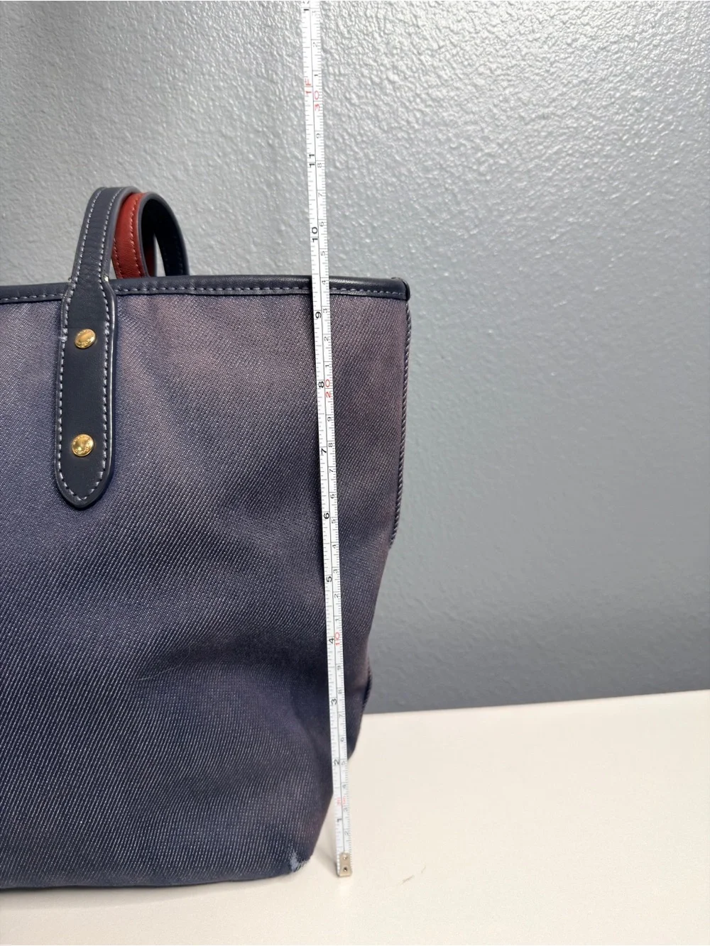Coach Navy Canvas Tote with Brown-Trim Handles Flawed